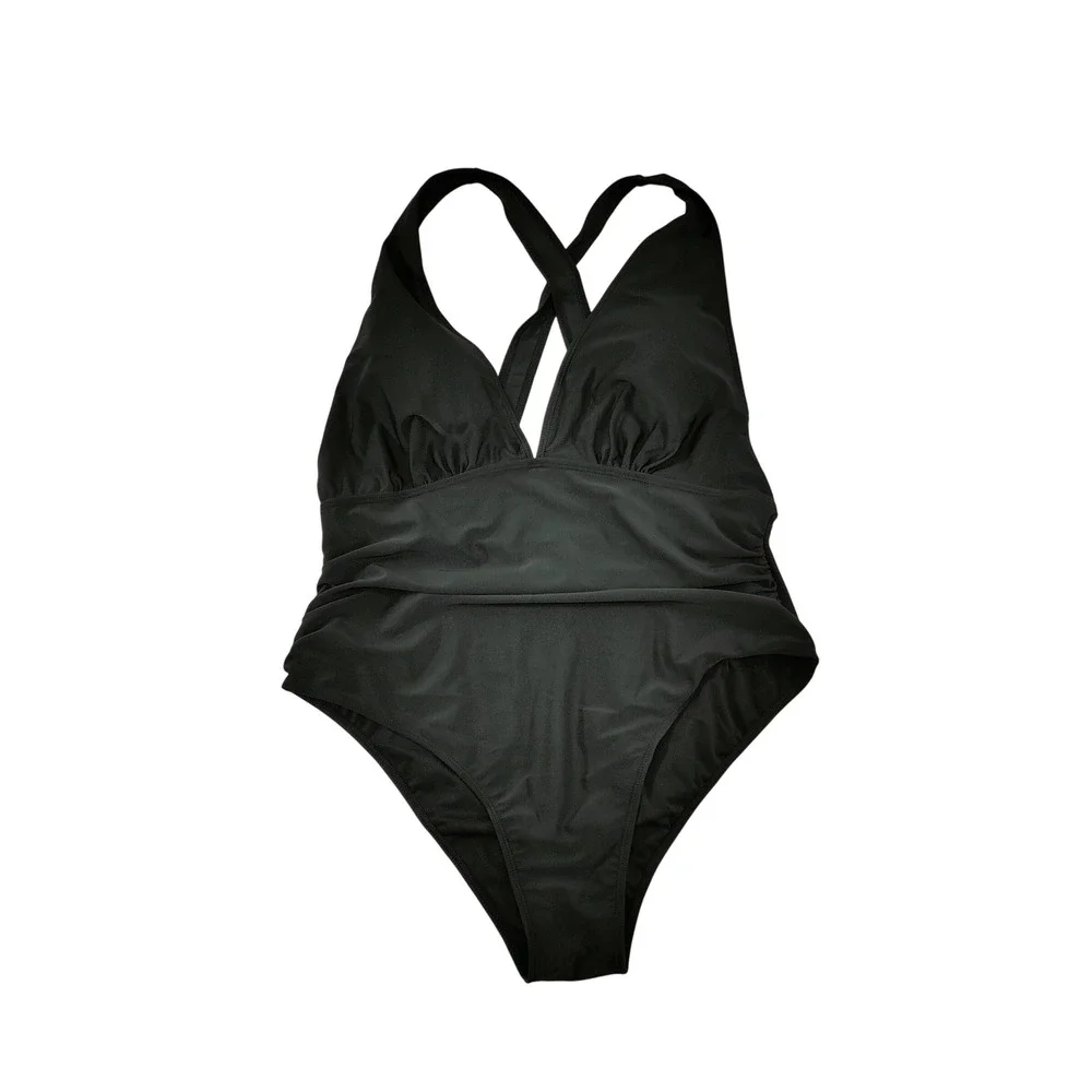Saukole Womens One Piece Swimsuit 14 Black Polyester Ruched New